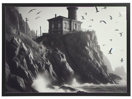 Et sort-hvidt billede af et fyrtårn beliggende på klipper ved havet, omgivet af fugle.