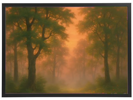 Et malerisk skovlandskab med tåge og gyldne nuancer, der skaber en drømmende atmosfære.