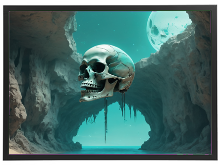 Et surrealistisk billede af en stor, svævende kranium i en hule, oplyst af en måne.