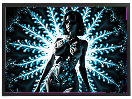 En stiliseret figur med lysende mønstre, der skaber en dramatisk baggrund.