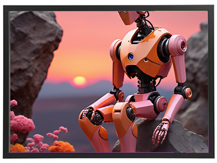 Et robot med pink og sorte detaljer sidder på en klippe med blomster, mens solen går ned.