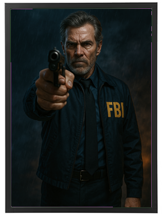 En FBI-agent står med en pistol rettet mod kameraet, omgivet af dramatisk belysning.