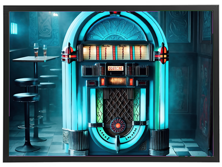 En farverig retro jukebox i en bar, omgivet af skumle lys og borde.