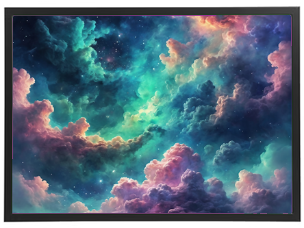 En livlig og farverig fremstilling af en galakse med drømmende, fluffy skyer.