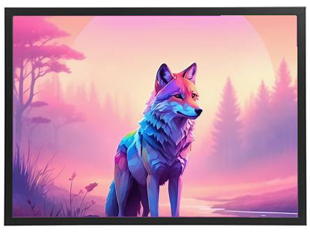 En stiliseret ulv i lyse farver står majestætisk i en drømmende skovlandskab.
