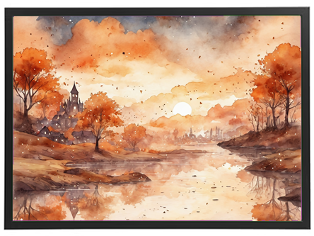En smuk akvarel af en efterårsscene med en sø, træer i orange nuancer og en solopgang.