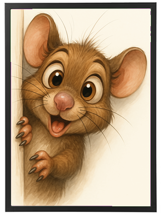 En sød, animeret mus med store øjne og et smil, der kigger frem fra en væg.