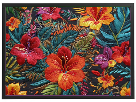 Et detaljeret broderi af farverige blomster og blade, der skaber en livlig komposition.