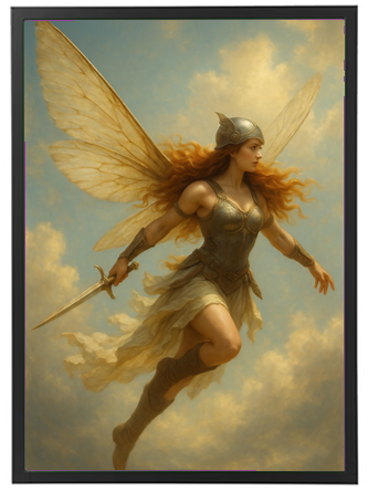 En majestætisk kvindelig kriger med vinger, iført rustning og sværd, svæver gennem en drømmende himmel.