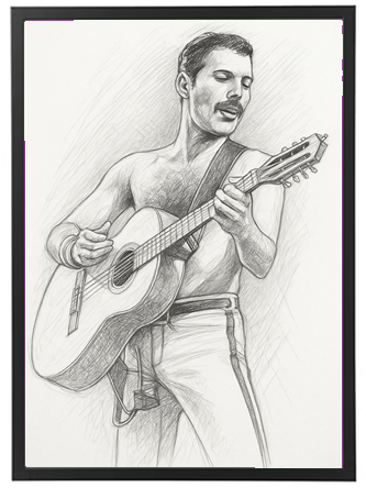 En tegning af en musiker, der synger og spiller guitar med passion.