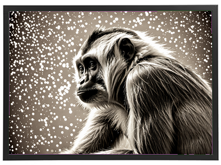 En kunstnerisk fremstilling af en abe, der ser eftertænksom ud med snefnug i baggrunden.