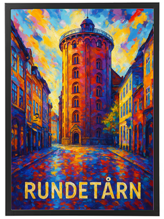 En malerisk gengivelse af Rundetårn i København, omgivet af farverige bygninger og en dramatisk himmel.