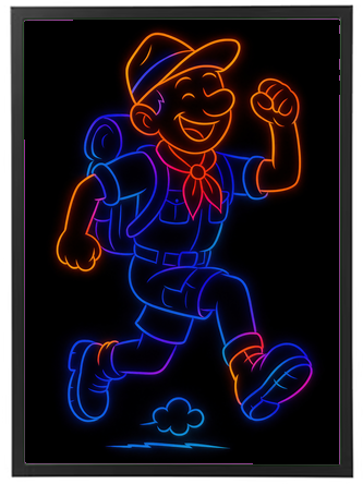 En neonlignende illustration af en glad vandrer med rygsæk, der løber.