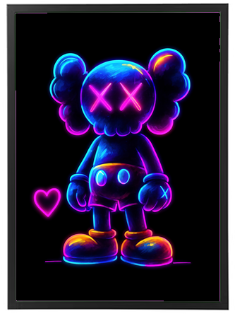 En stiliseret, farverig figur med neonfarver og et hjerte, der udstråler liv og energi.