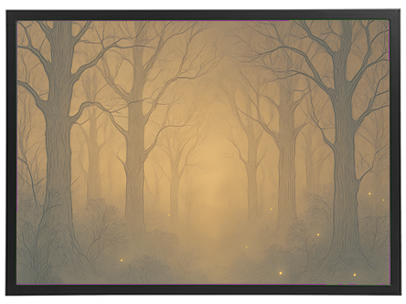 En tåget skov med høje træer og bløde lysglimt, der skaber en drømmende atmosfære.