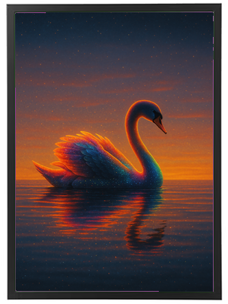 Et malerisk billede af en svane, der svømmer i stille vand ved solnedgang.