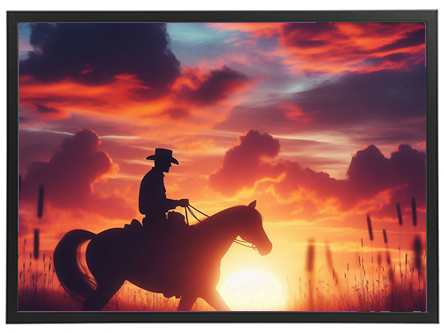 En silhuet af en cowboy på hest, der rider mod en farverig solnedgang.