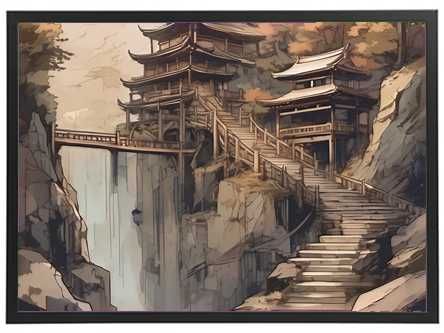 Et smukt illustreret billede af et buddhistisk tempel beliggende ved et vandfald, omgivet af klipper.