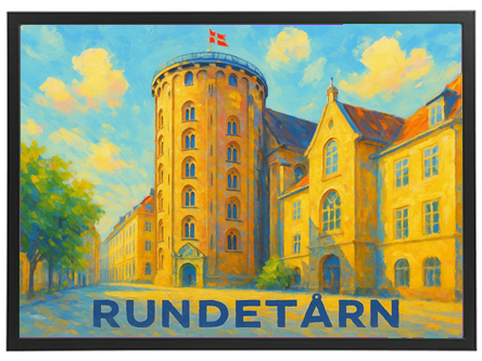 Farverigt maleri af Rundetårn i København, med bygninger og flag.