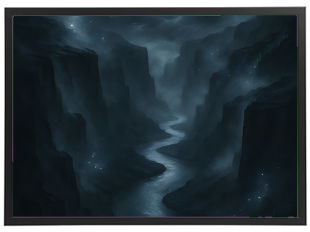 En dramatisk og dyster kløft med en snoet flod, oplyst af svage stjerner.