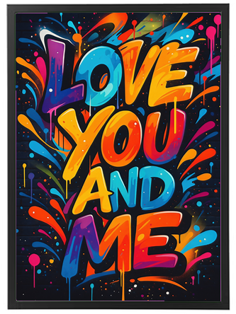 En farverig plakat med teksten LOVE YOU AND ME i graffiti-stil, omgivet af sprøjt af farver.