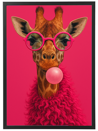 Et farverigt billede af en giraffe iført store, lyserøde briller og blæser bobler.
