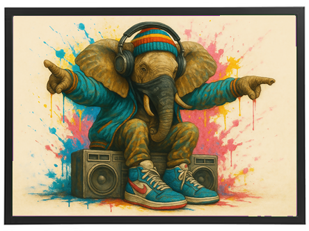 En farverig illustration af en elefant iført hovedtelefoner og sporty tøj, der sidder på højttalere.