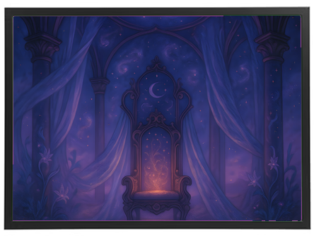 En drømmende scene med en smuk stol i en stjerneklar, lilla atmosfære.