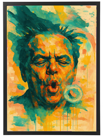 Et abstrakt maleri af en mand, der blæser en boble, med kraftige farver og dynamiske penselstræk.