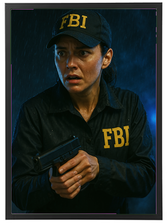 En FBI-agent står klar med en pistol, omgivet af regn og dramatisk lys.