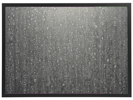 Et billede af dråber af vand, der sidder på en glat overflade, hvilket skaber et sløret og gråt udseende.