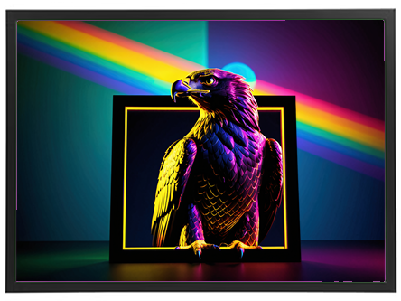 Et digitalt billede af en ørn i stærke farver, indrammet med lysstråler i baggrunden.