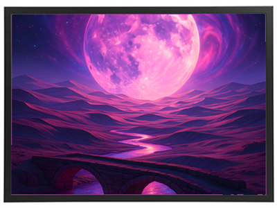 En surrealistisk scene med en stor, lysende måne over bølgende, violet landskab og en bro.