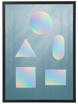 Billedet viser en samling af geometriske former i forskellige størrelser og farver med iriserende effekter, sat mod en blød, tåget baggrund.