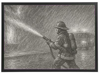 En skitse af en brandmand, der slukker en brand i regnvejr, med en brandbil i baggrunden.