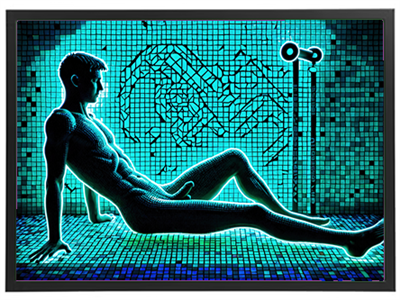 En stiliseret mandlig figur sidder i en farverig mosaikbaggrund med neonlignende effekter.