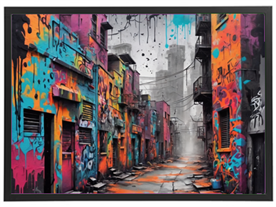 Et billede af en livlig gade med farverig graffiti og en dyster atmosfære.