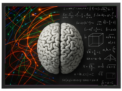 Et billede af en menneskelig hjerne med farverige lys og matematiske formler i baggrunden.