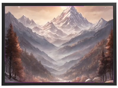 Et malerisk bjerglandskab med sneklædte toppe og frodige dale, oplyst af morgenens lys.