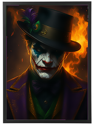Et dramatisk billede af en klovn med ansigtstræk og hat, omgivet af flammer.