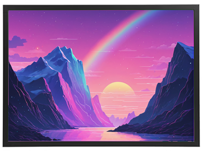 Et farverigt og surrealistisk landskab med bjerge, en sø og en regnbue i skumringen.