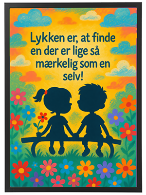 Et farverigt billede med silhuetter af to børn, der sidder på en bænk omgivet af blomster.