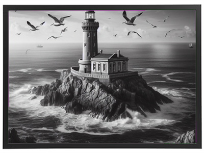 Et sort-hvidt billede af et fyrtårn på en klippe med bølger og fugle omkring.