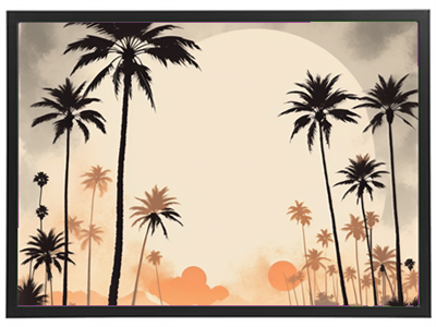 En smuk illustration af en solnedgang med palmetræer i silhuet mod en stor, lysende sol.