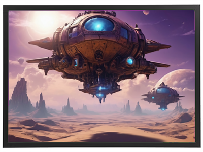 To imponerende rumskibe svæver over et ørkenlandskab med klipper og fjerne planeter.