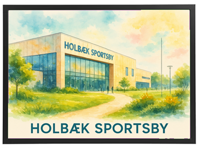 En malerisk illustration af Holbæk Sportsby med grønne omgivelser.
