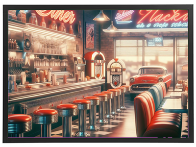 Et nostalgisk diner-interiør med neonlys, kromstole og klassisk bil i baggrunden.