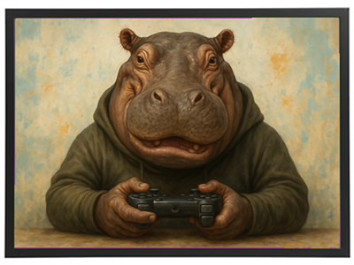 En flodhest i en hoodie sidder og spiller videospil med en controller.