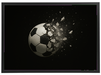 Et billede af en fodbold, der eksploderer med brudstykker, på en mørk baggrund.