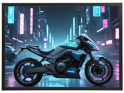 En moderne motorcykel præsenteret i et futuristisk bymiljø med neonlys.